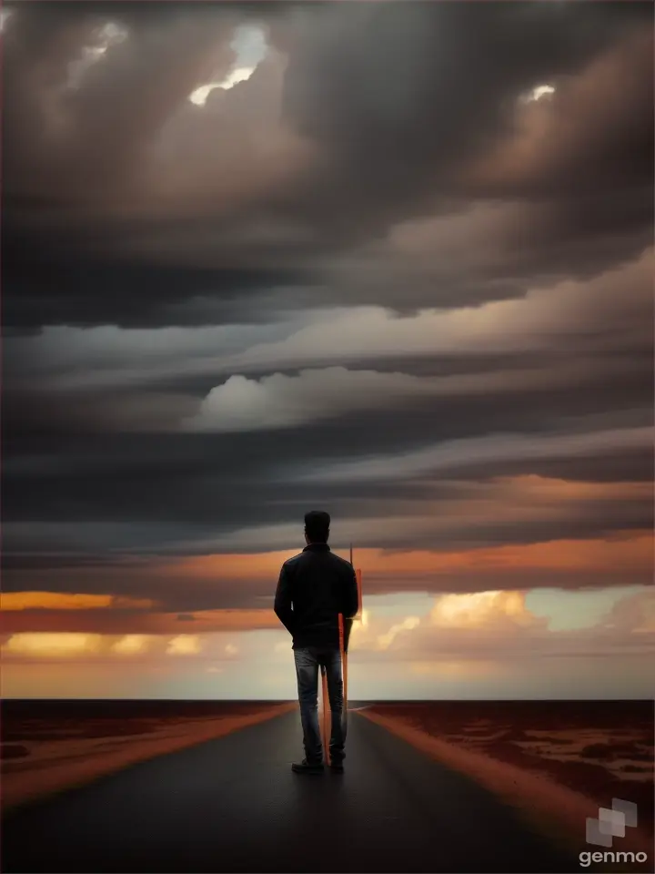 Rahul standing before an ominous, painted horizon with a looming, dark clouds overhead