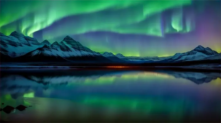 Electric blue auroras over majestic peaks, casting a beautiful reflection on a calm lake