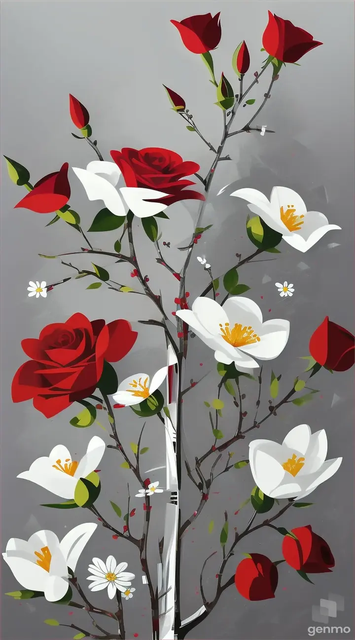 flowers in the cubist style: a stylized red rose, a branch of white astragalus, small wildflowers. finger-painted. Background: pop-art light gray.