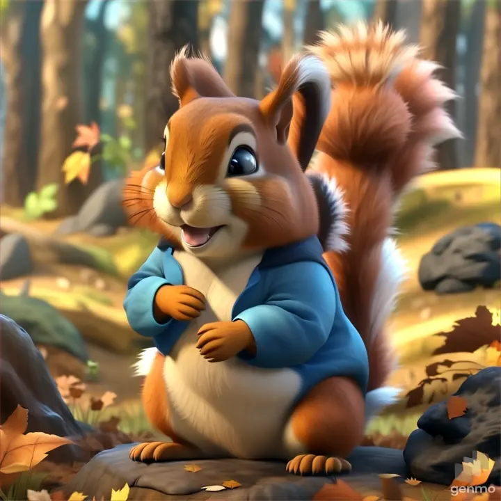 a cartoon squirrel with a blue shirt on