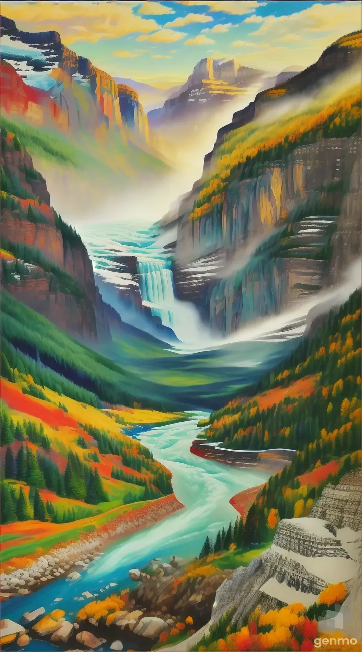 PAINTING OF Glacier Park, USA in MARK CHAGAL style in 24 colors only for painting by-numbers kit... 8k 9/16