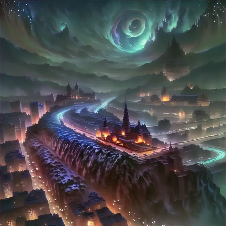 a painting of a city at night with a full moon