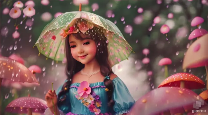 A girl singing in the rain surrounded by a dreamy forest full of vibrant flowers and mushrooms. The doll also stands under an umbrella nearby with a happy expression.