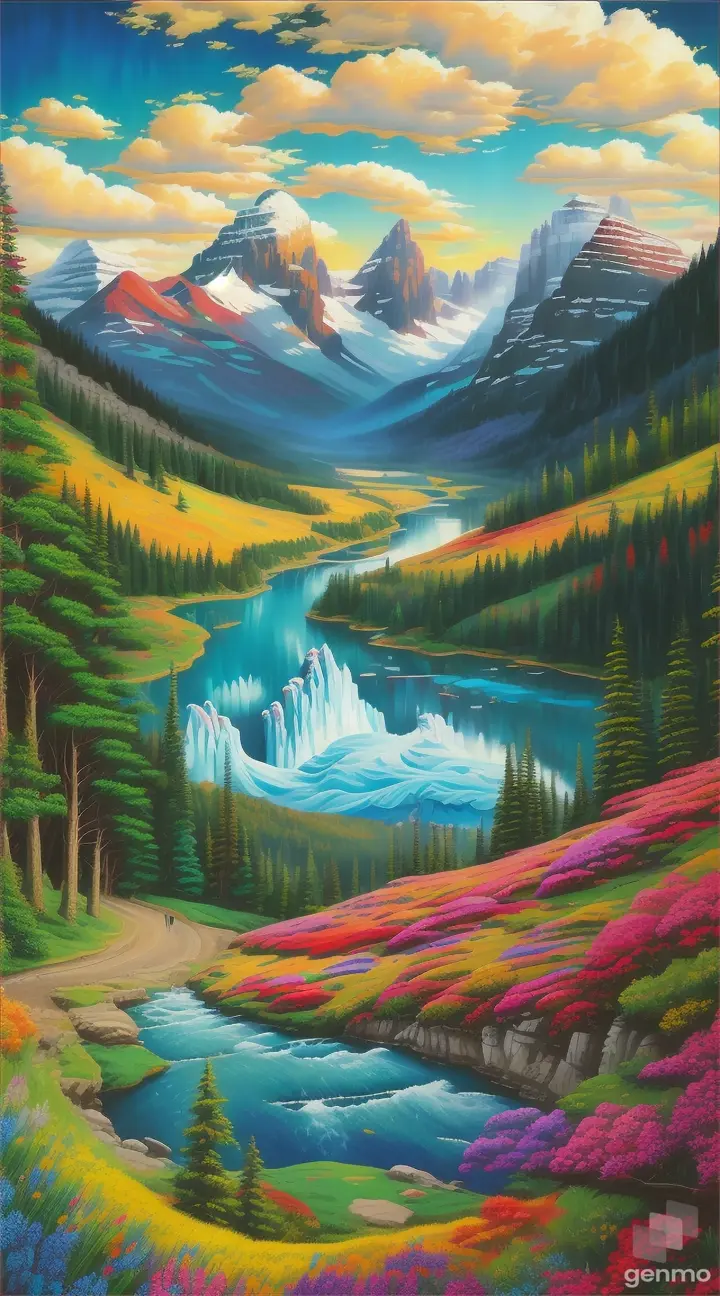 PAINTING OF Glacier Park, USA in MARK CHAGAL style in 24 colors only for painting by-numbers kit... 8k 9/16