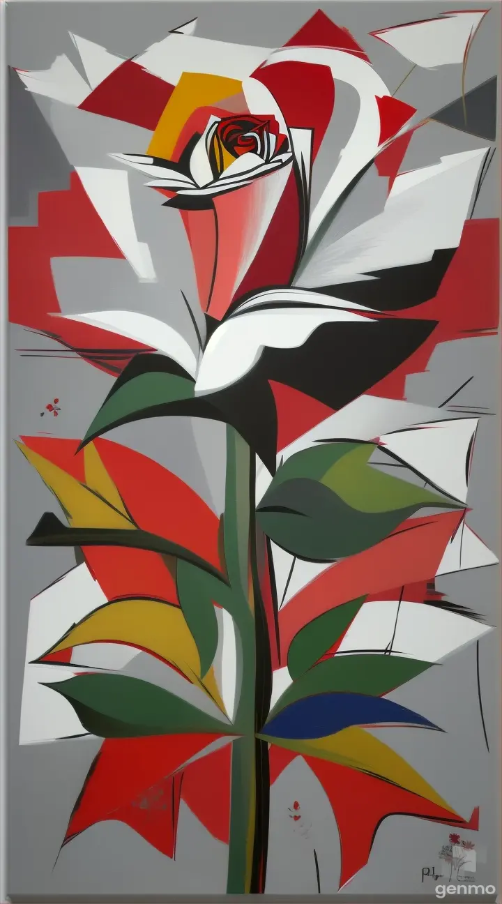 flowers in the Picasso cubism style: a stylized red rose, a branch of white astragalus, small wildflowers. finger-painted. Background: pop-art light gray.