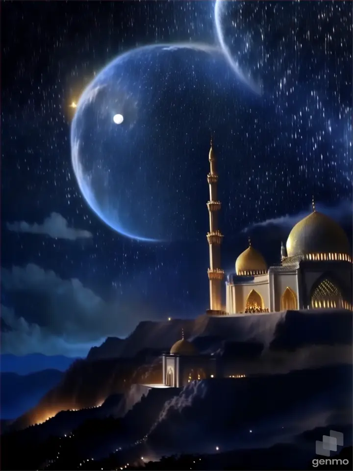 a night scene of a mosque with a moon in the background