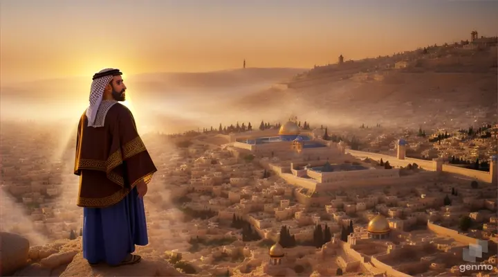  an arab man commanding jinns in the ancient Jerusalem. create scene of old arab times in landscape mode 