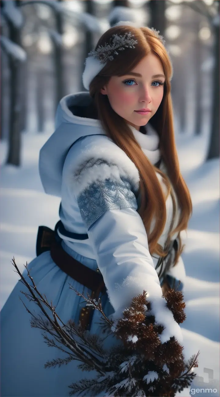 Beautiful intricate woman tall and slim with blue-gray eyes and golden-brown hair in a winter forest crouching in a cluster of snow-heavy brambles shooting a bow and arrow.