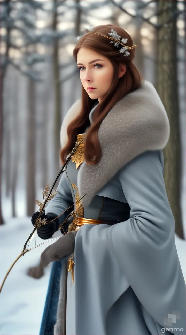 Beautiful intricate woman tall and slim with blue-gray eyes and golden-brown hair in a winter forest sitting behind a cluster of snow-heavy brambles shooting a bow and arrow.