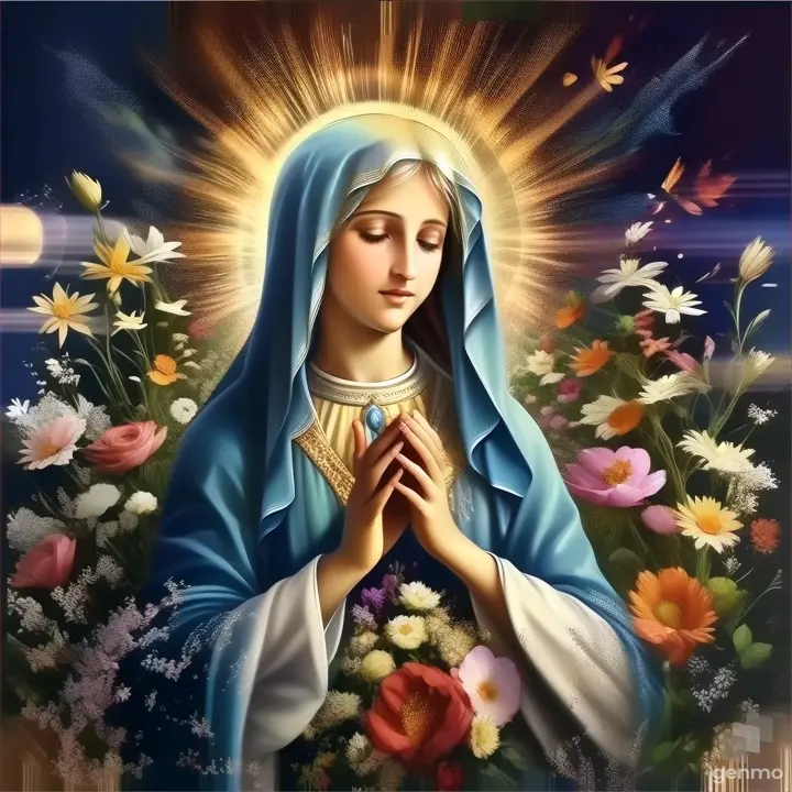 a painting of the virgin mary surrounded by flowers