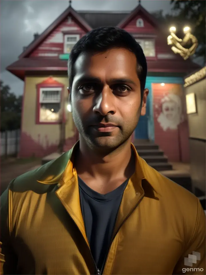 Rahul standing alone outside the haunted house, steeling himself with determination, a flashlight gripped tightly in his hand, his expression resolute.