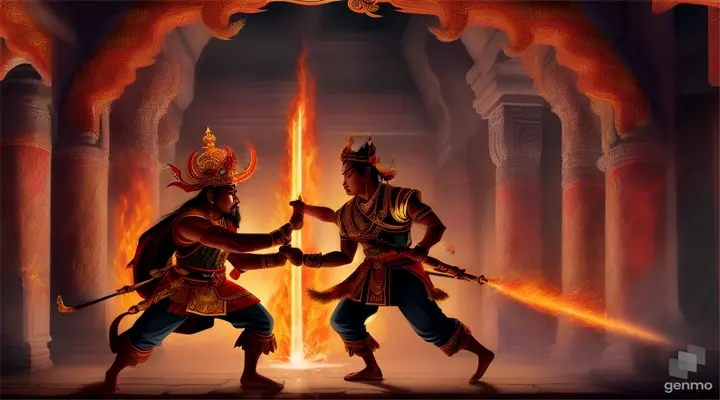 King Prabu Siliwangi dueling the sorcerer inside a fire-lit temple, with columns of stone and mystical runes glowing on the walls