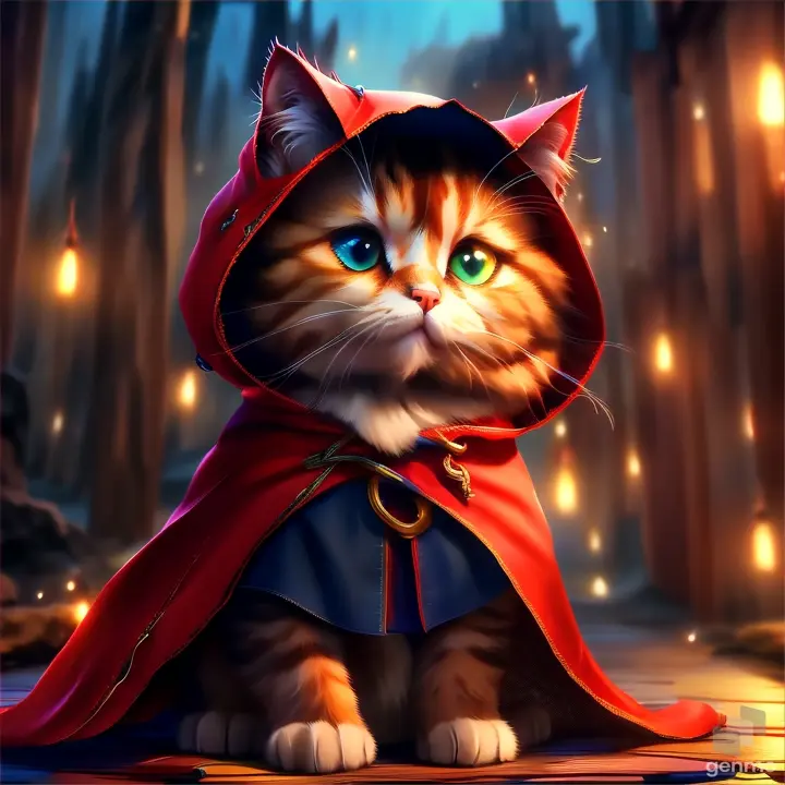 Description: cartoon -Illustrate the main cat by discovering a special object, like a cape or a mask, that sparks his imagination... realistic, color, 8k, full hd