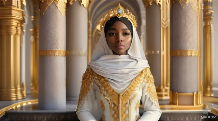 CLOSE UP OF dark-skinned Black girl hijabi queen in a white and gold abaya, mystical, majestic, futuristic, landscape video size