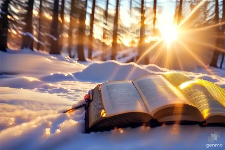 an open book sitting on top of a snow covered ground