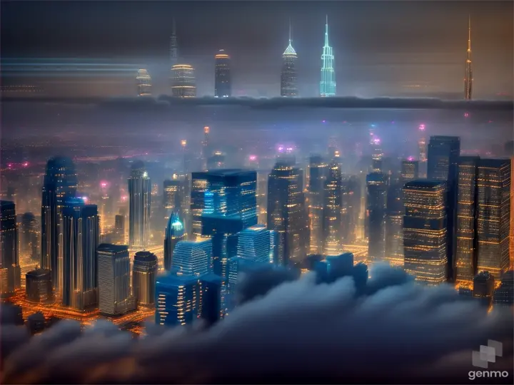 a futuristic city surrounded by clouds in the sky