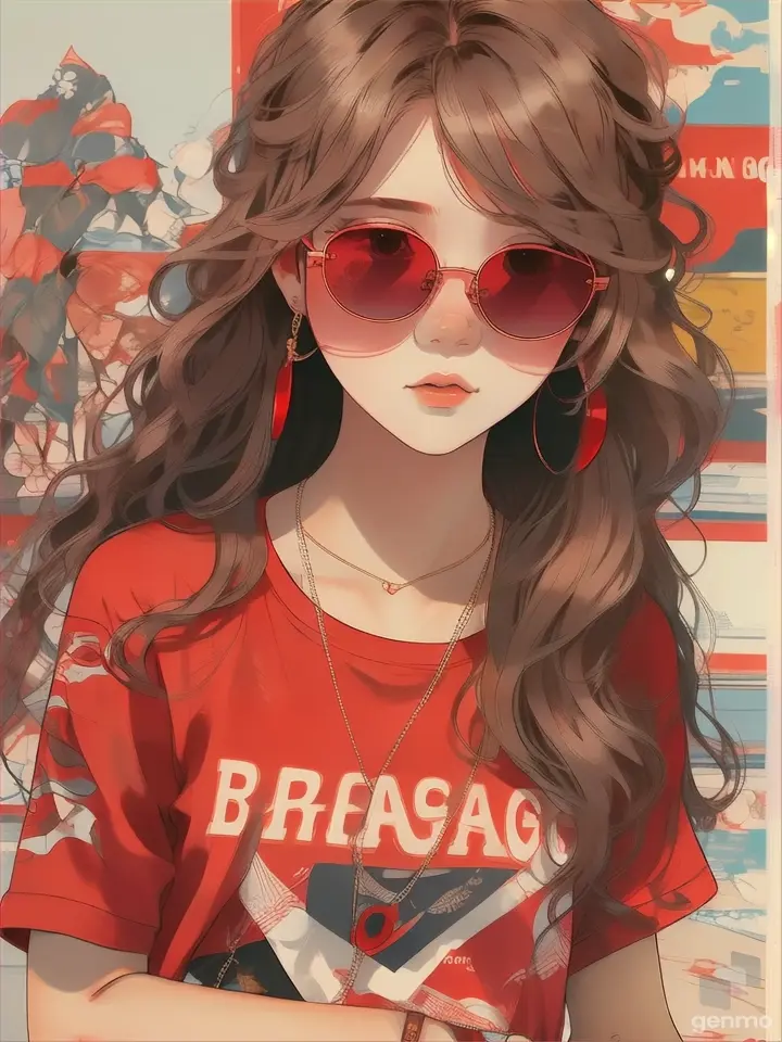 a girl with long hair wearing red sunglasses