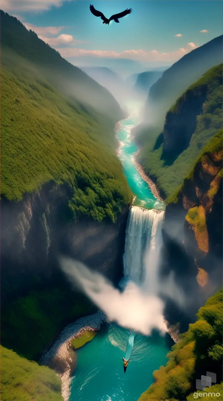 Bird flying over beautiful waterfall in 9:16 ratio