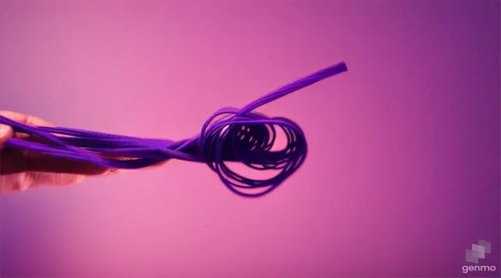 The hand holds a purple string