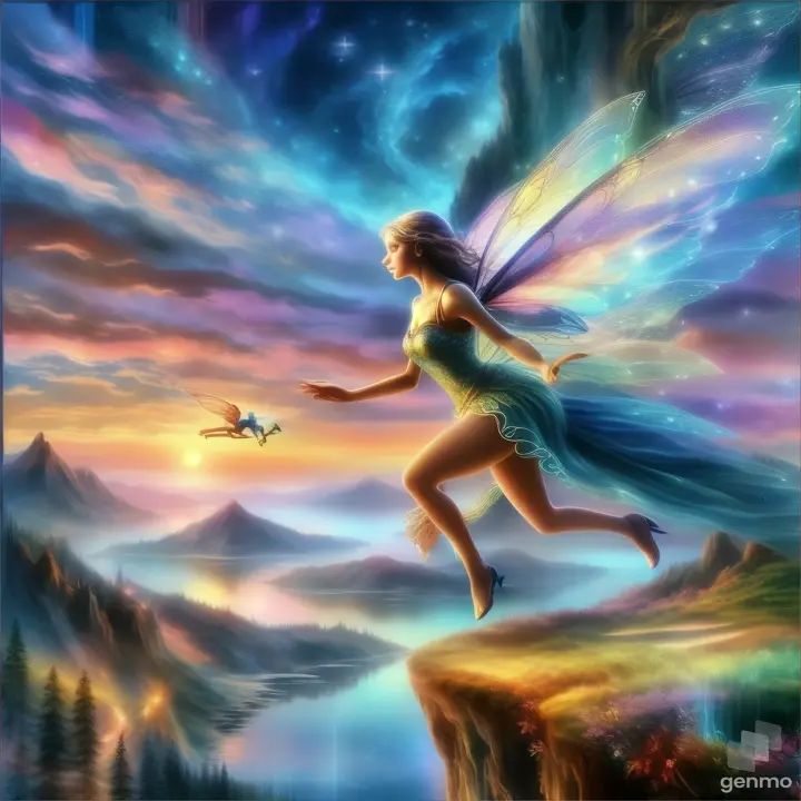 a beautiful fairy is setting her flight from the top of the mountain.