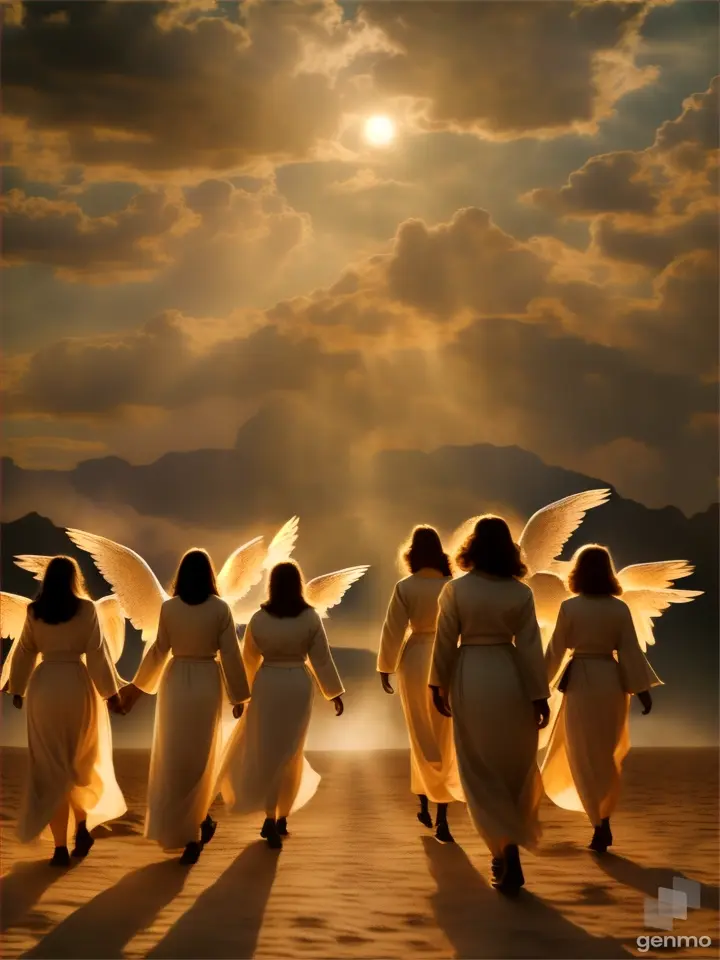 a group of angels walking across a desert under a cloudy sky