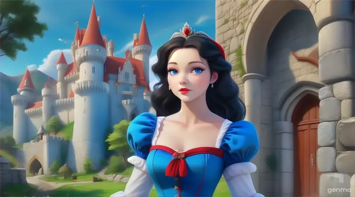 a princess snow white with large blue eyes in a blue dress standing in front of a castle