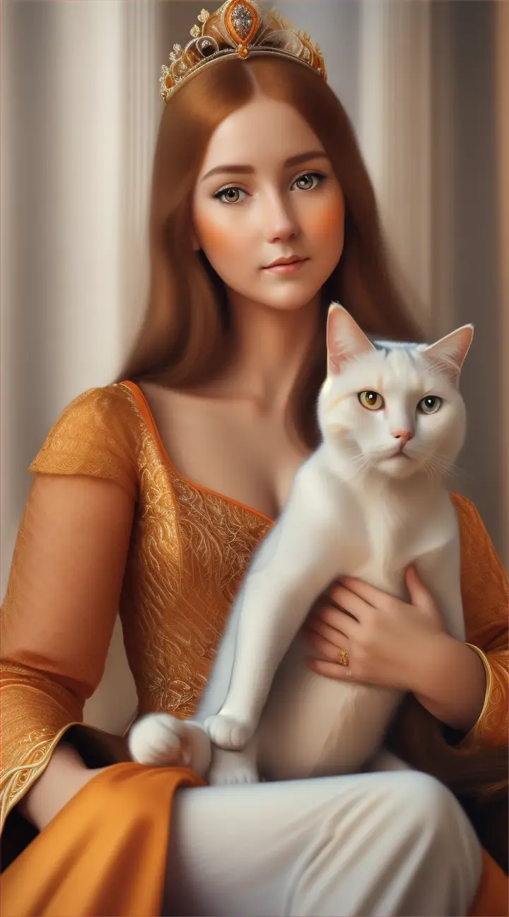 Beautiful princess with Orange and White Cat, closed up