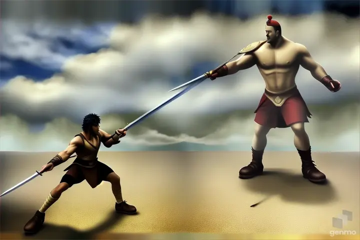 a man with a sword and a man with a spear