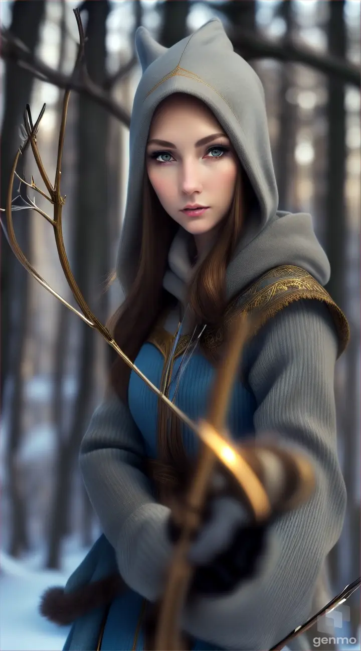 Beautiful intricate woman tall and slim with blue-gray eyes and golden-brown hair in a winter forest with her hood up shooting a bow and arrow 