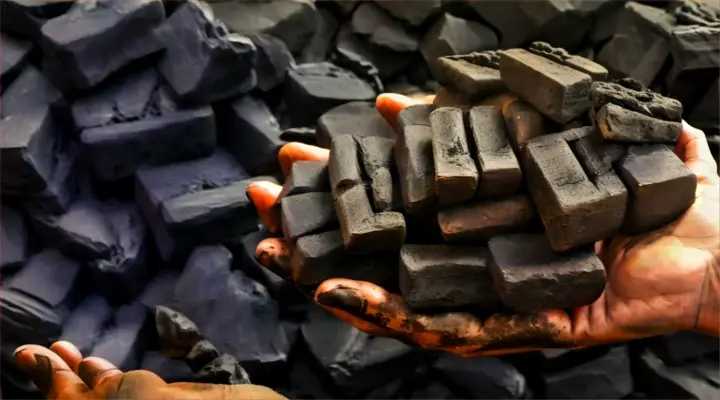 a person holding a pile of coal in their hand, 3d animation| no deformity