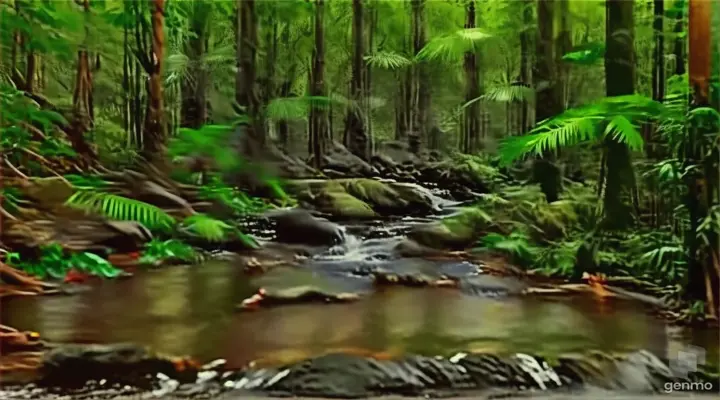 a stream running through a lush green forest