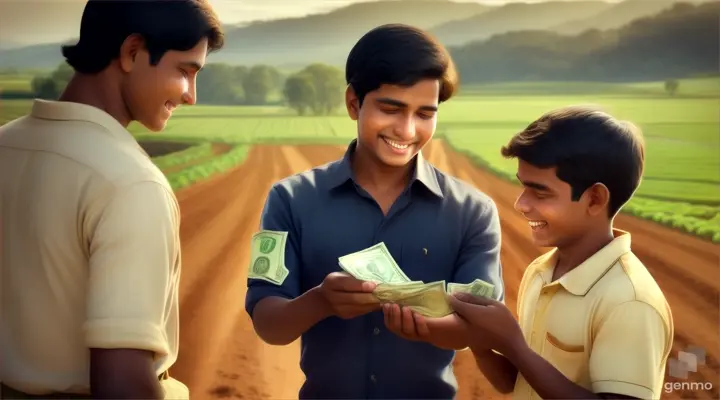 Ramu handing over the money to his farmer father with a smile