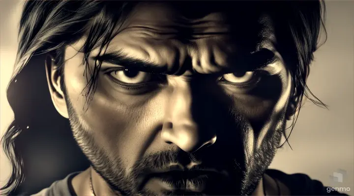 Shadowy eyes glaring from the darkness, illuminated by Rajeev's flashlight. Rajeev recoils in horror.
