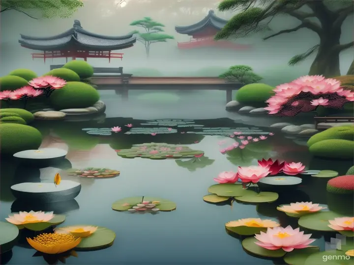 A serene Japanese garden with lotus pond on a misty morning, with koi fish swimming below the surface