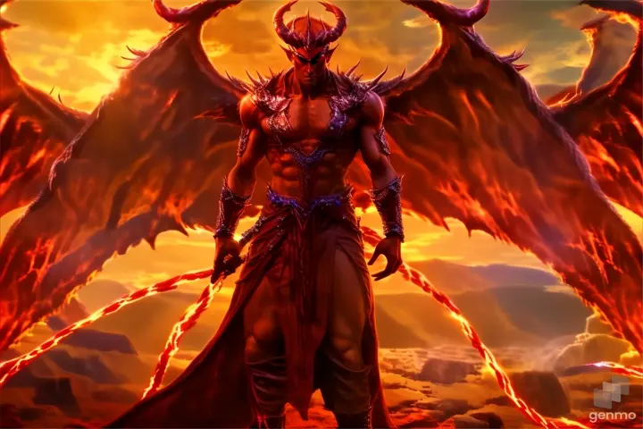 a demonic demon standing in front of a blazing sky
