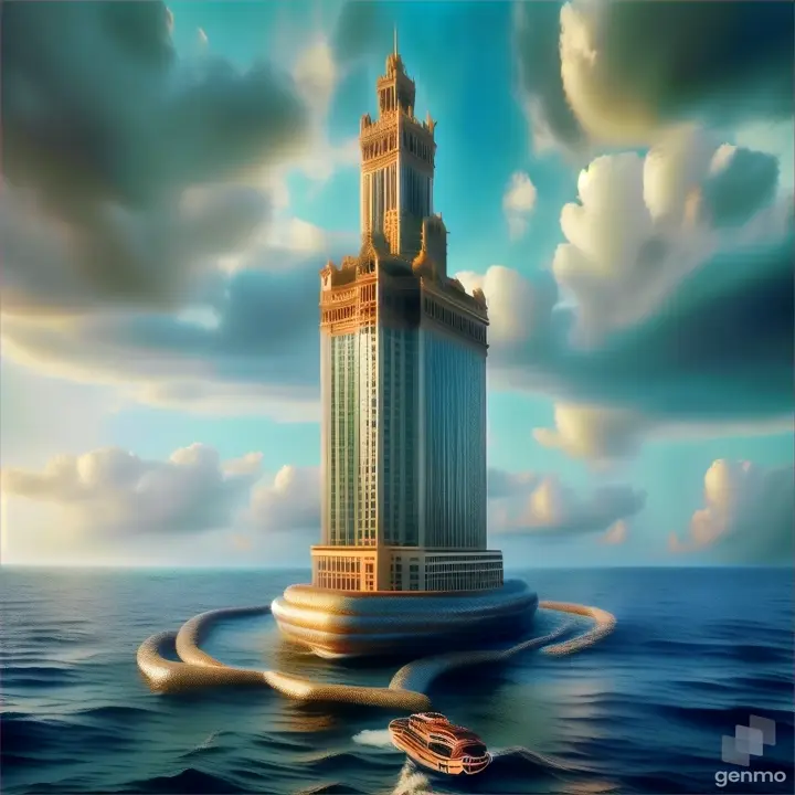 a boat floating in the ocean near a tall building