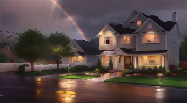  Setting: A suburban neighborhood during a gentle rain shower., , Environment: 16:9, A rainbow forming subtly in the mist across the skyline, Pixar 3D

