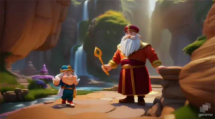 /imagine prompt: 3D animation, personality: [Illustrate Uplifting Cartoon characters engaging in fun activities The Dwarf King warning Prince Eric about the magician's cunning nature. It should feel otherworldly and magical.] unreal engine, hyper real --q 2 --v 5.2 --ar 16:9