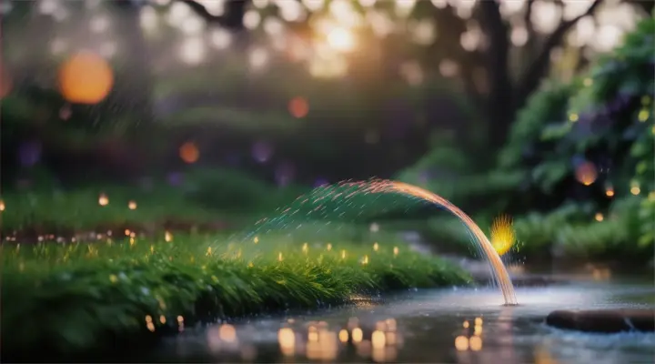 Close-up of a garden hose squirting water into the air, creating arcs of spray. Twilight with fireflies illuminating around the spray, near a forest stream, Pixar 3D