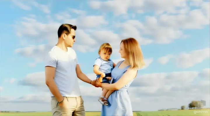 a man and woman holding a baby in a field