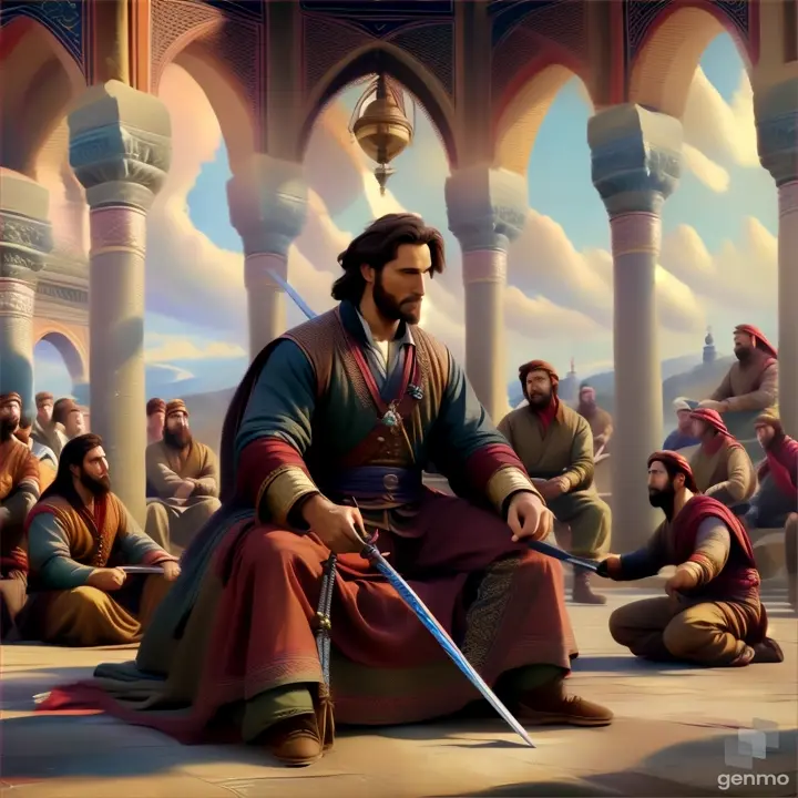 a painting of a man with a sword sitting in front of a group of people