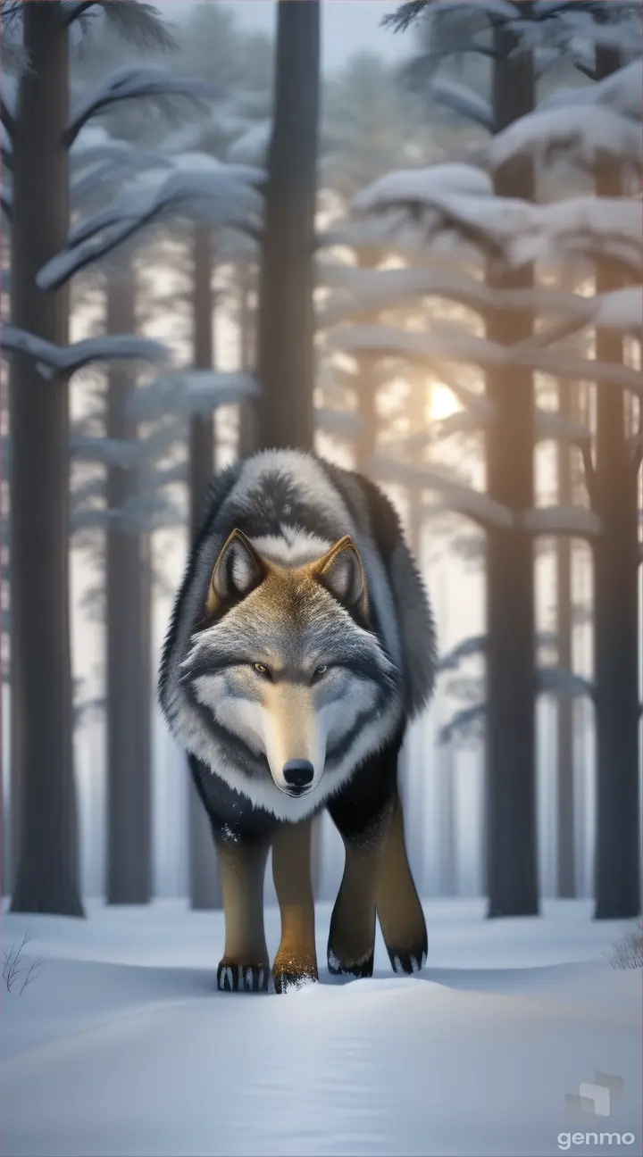 Giant wolf with golden eyes in winter forest stepping on a twig. Giant paws