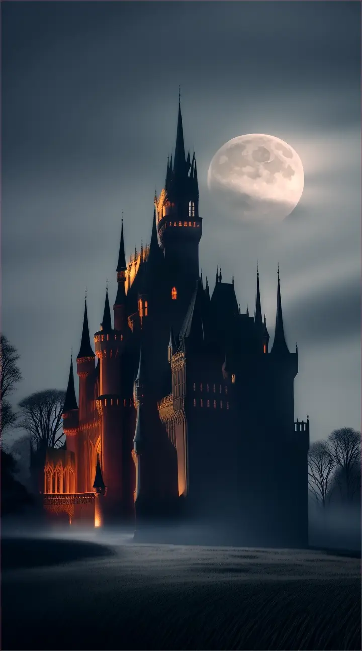 Haunted fairytale castle at night