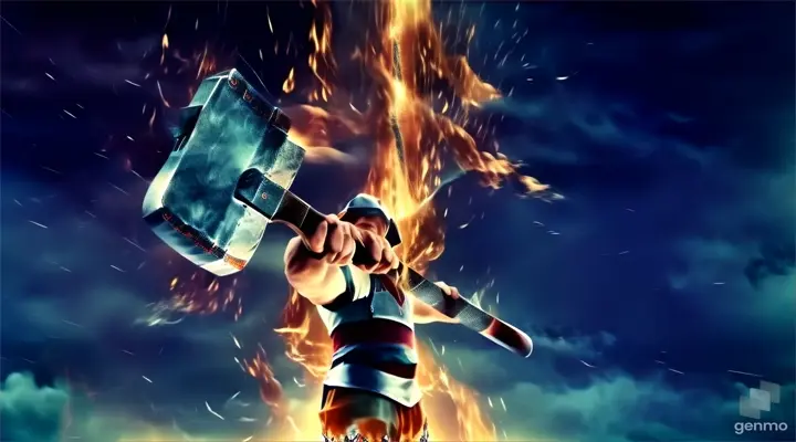 a man holding an axe in front of a fire