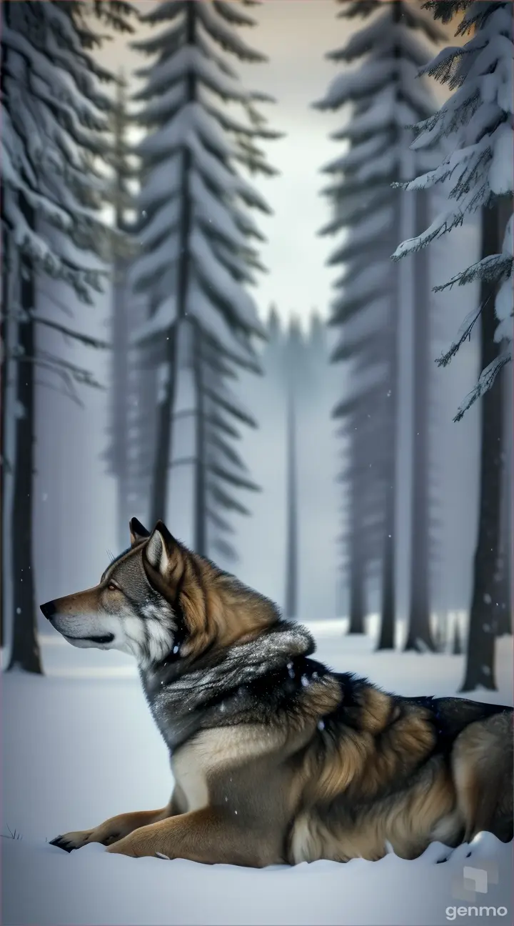  woman wearing grey with hood up and golden brown hair sitting next to giant wolf lying on the ground in snowy forest. Ariel view 