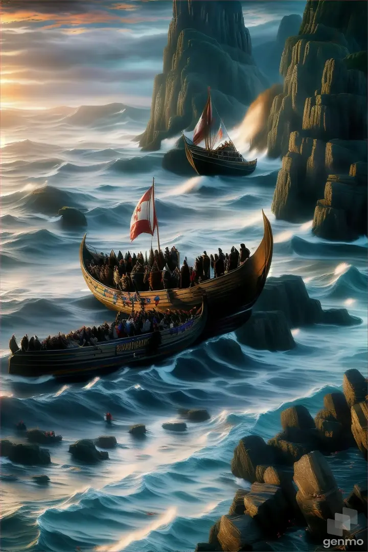 a painting of a boat full of people in the ocean