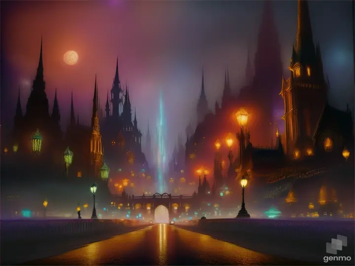 a painting of a fantasy city at night