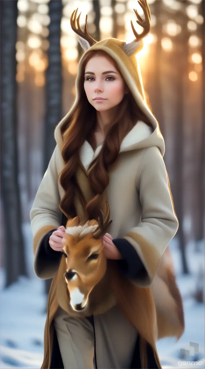 Beautiful intricate woman in the distance golden-brown hair in a winter forest with her hood up. Carrying a dead deer, walking through the forest at sunset 