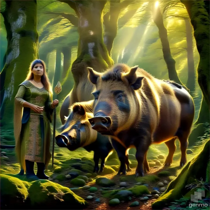 a woman standing next to a boar in a forest