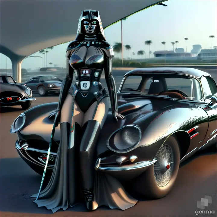 E-Type Jaguar spaceship parked on the moon with Earth and stars in the backdrop